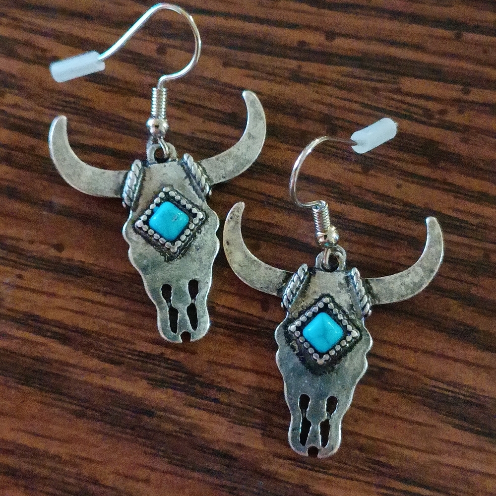 🆕Turquoise Embellished Bull Skull Dangle Earrings